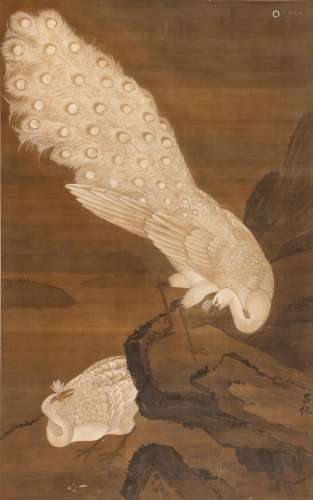A Chinese School Painting, depicting peacocks, mounted as sc...