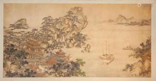 A Large Chinese School Painting, depicting a lakeside scene ...