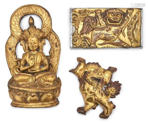 Three Chinese Gilt Repoussé Copper Panels