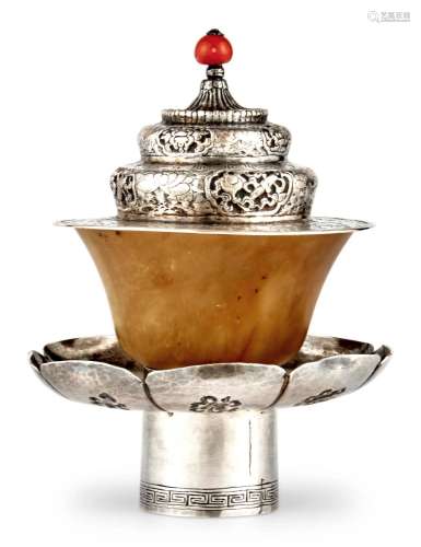 A Tibetan Silver Cup Stand and Cover