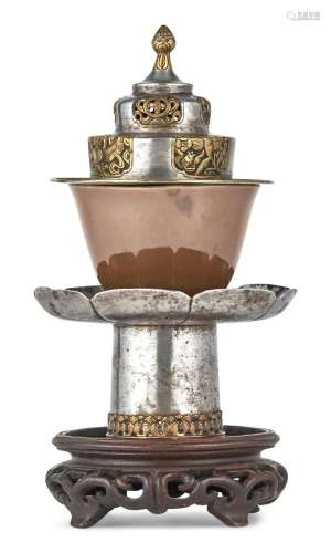 A Tibetan Silver and Parcel Gilt Cup Stand and Cover