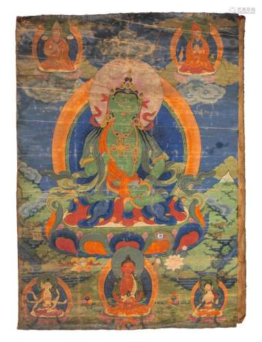 A Tibetan Painted Thangka, depicting Green Tara