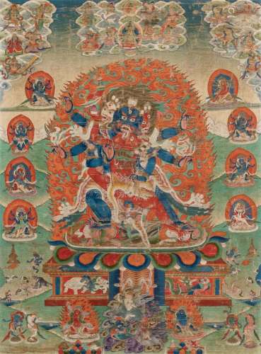 A Tibetan Painted Thangka, depicting Mahakala Yab Yum