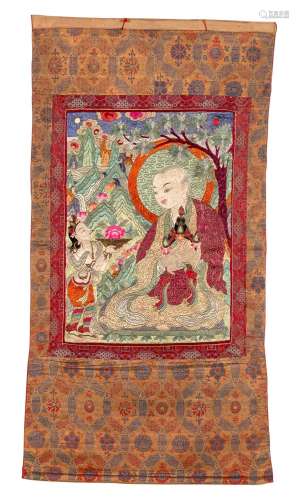 A Chinese Embroidered Silk Thangka, depicting the Louhan Rah...