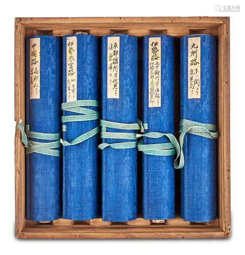 A Cased Collection of Five Japanese Painted Hand Scrolls