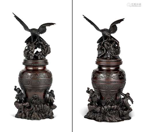 A Large and Fine Matched Pair of Japanese Bronze Covered Urn...