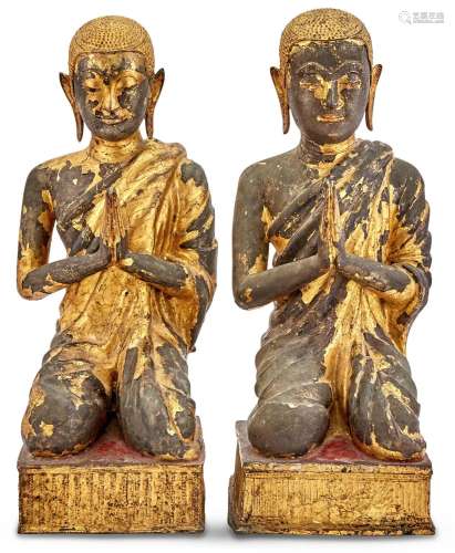 A Pair of Thai Gilt Lacquered Bronze Buddhist Figures