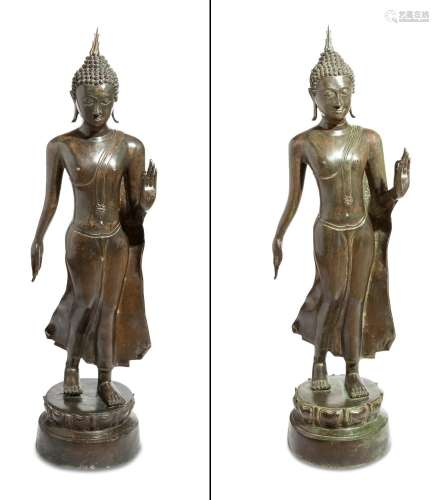A Large Pair of Thai Bronze Figures of Buddha
