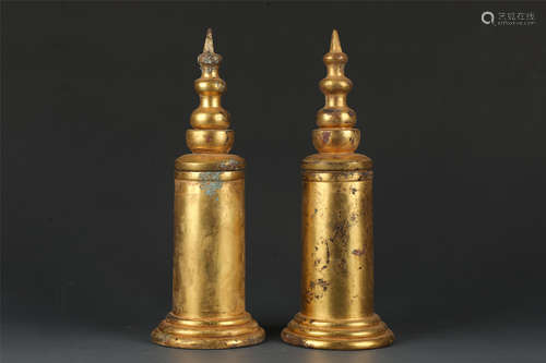 A Pair of Copper and Golden Stupa from Tang