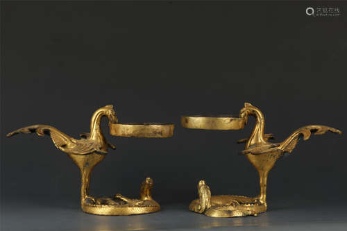 A Pair of Copper and Golden Candle Holder from Tang