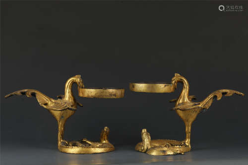 A Pair of Copper and Golden Candle Holder from Tang