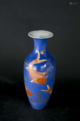 清 藍釉魚藻紋瓶