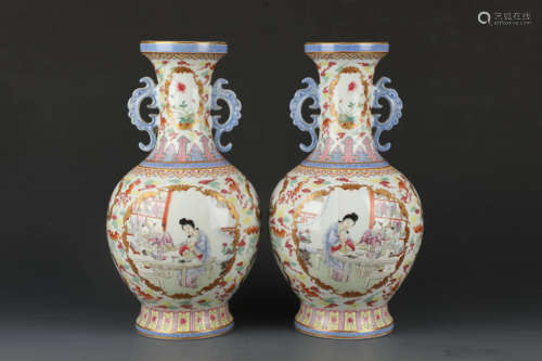 Famille Rosed Kiln Vase with Two Ears from Qing