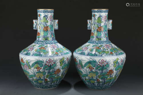 A Pair of Colored Kiln Vase with Two Ears from Qing