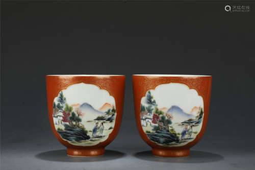 A Pair of Famille Rosed Open Window Kiln Cup from Qing