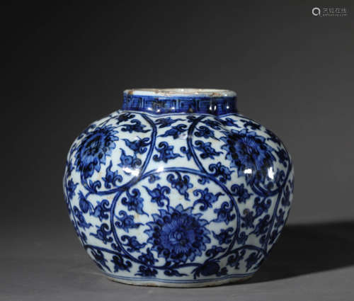 Blue and White Kiln Jar in Lotus Grain