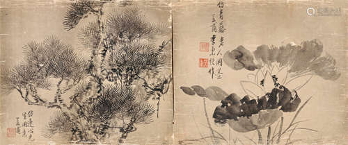 1783-1842 李秉绶  松树、荷花两帧 水墨绢本 镜片