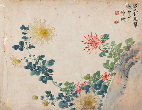 1880-1929 潘达微 菊花 设色纸本 镜片