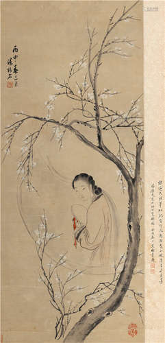 1804-1874 汤禄名 仕女览镜图 设色纸本 立轴