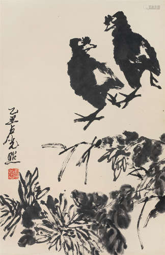 1914-2001 卢光照 菊花双鹊 水墨纸本 立轴