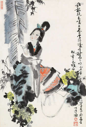 b.1945 陈衍宁 芭蕉仕女 设色纸本 立轴