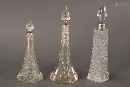 Three Sterling Silver and Glass Perfume Bottles,