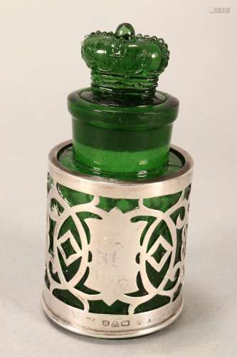 Green Glass and Sterling Silver Bottle,
