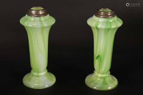 Pair of Sterling Silver Capped Art Glass Vases,