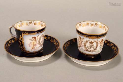 Pair of Sevres Porcelain Demi Tasse and Saucers,