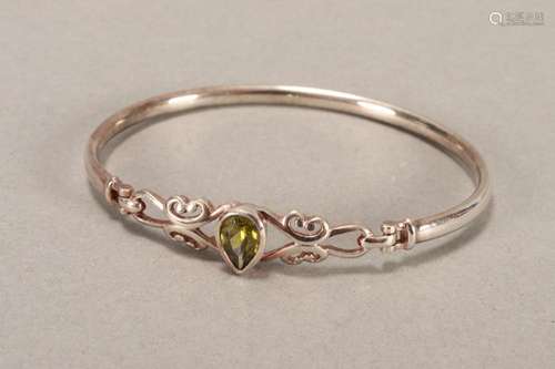 Sterling Silver and Green Stone Hinged Bangle,