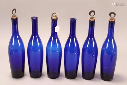 Set of Six Blue Glass Bottles,