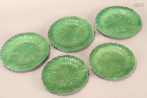 Five Majolica Green Glaze Leaf Plates,