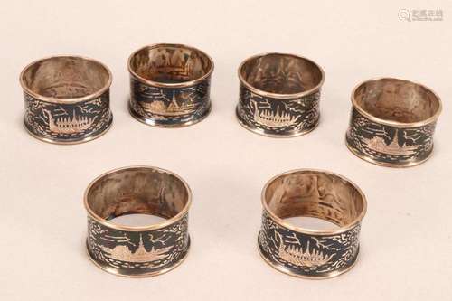 Set of Six Silver and Niello Napkin Rings,