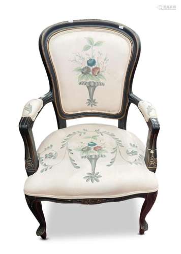 French Ebonised Fauteuil Armchair,