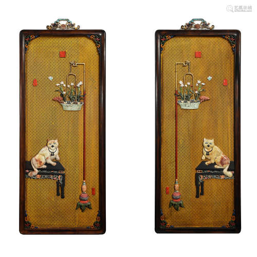 A PAIR OF CHINESE COURT MAHOGANY INLAID CIXI CAT HANGING SCR...