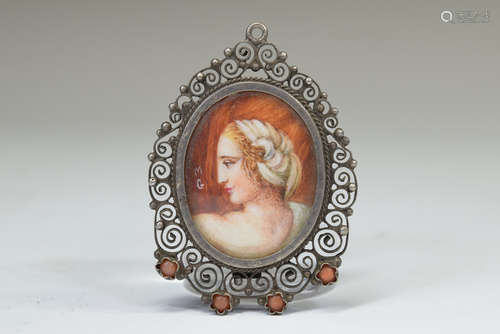 Silver 800 Hand Painted Portrait Miniature Brooch