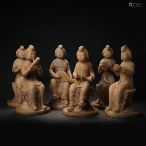 A GROUP OF CHINESE TANG DYNASTY WHITE MARBLE FIGURINES PLAYI...
