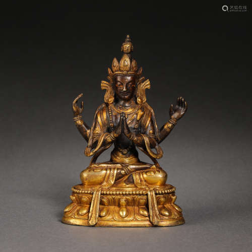 CHINESE QING DYNASTY GILT BRONZE SEATED BUDDHA STATUE