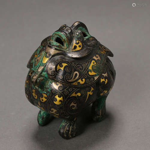 CHINESE TANG DYNASTY BRONZE INCENSE BURNER INLAID GOLD AND S...