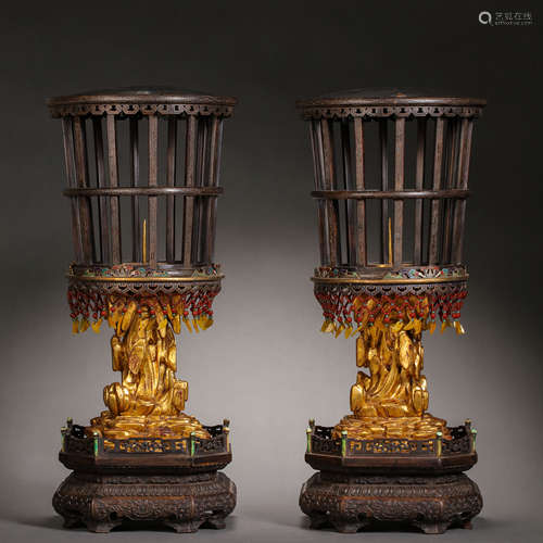 A PAIR OF CHINESE QING DYNASTY LOBULAR ROSEWOOD PALACE CANDL...