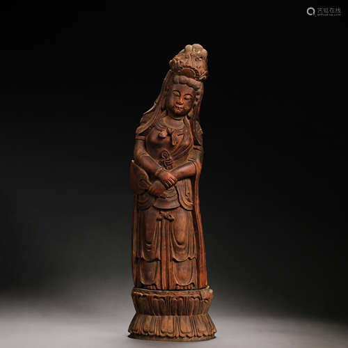 CHINESE QING DYNASTY BAMBOO CARVED GUANYIN STANDING STATUE