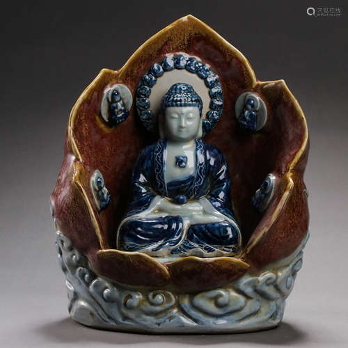 CHINESE QING DYNASTY BLUE AND WHITE PORCELAIN BUDDHA STATUE