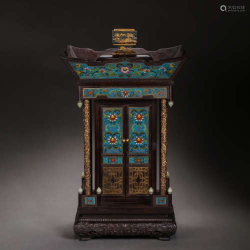 CHINESE QING DYNASTY RED SANDALWOOD INLAID CLOISONNE BUDDHIS...