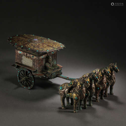 CHINESE HAN DYNASTY BRONZE INLAID GOLD AND SILVER HORSE-DRAW...