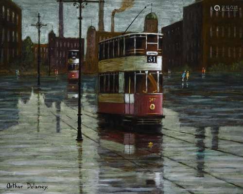 λ Arthur Delaney (British 1927-1987), Tramcars on a wet day