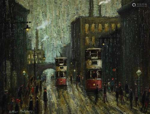 λ Arthur Delaney (British 1927-1987), Two trams, bridge beyo...