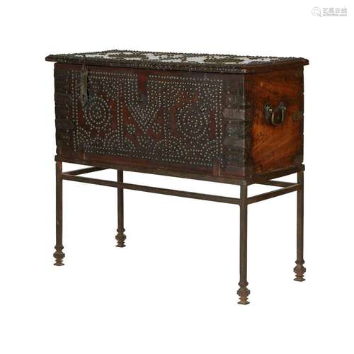 19th c. Studded Hardwood Chest w/ Iron Stand