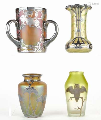 Grp: 4 Art Nouveau Glass Vases Silver Overlay