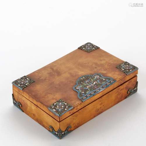 Russian Silver & Enamel Birchwood Cigar Box