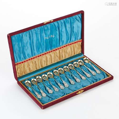 Grp: 12 Russian Silver Enamel Spoons & Case